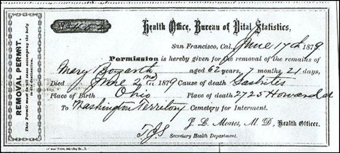 Removal Certificate for Mary Ebey Bozarth